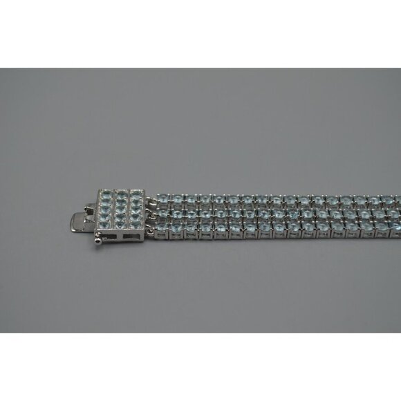 Blue Cubic Zirconia Three Strand Tennis Bracelet Sterling Silver 925 ADI CZ 8" - Picture 3 of 10